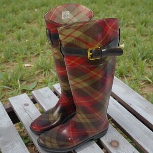 New Ralph Lauren Women's Rain Boots 6B Red Plaid Rossalyn II 11768 Knee High